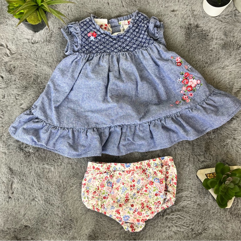 First Impressions Denim Floral Ruffle Dress with Bloomers - 3-6M